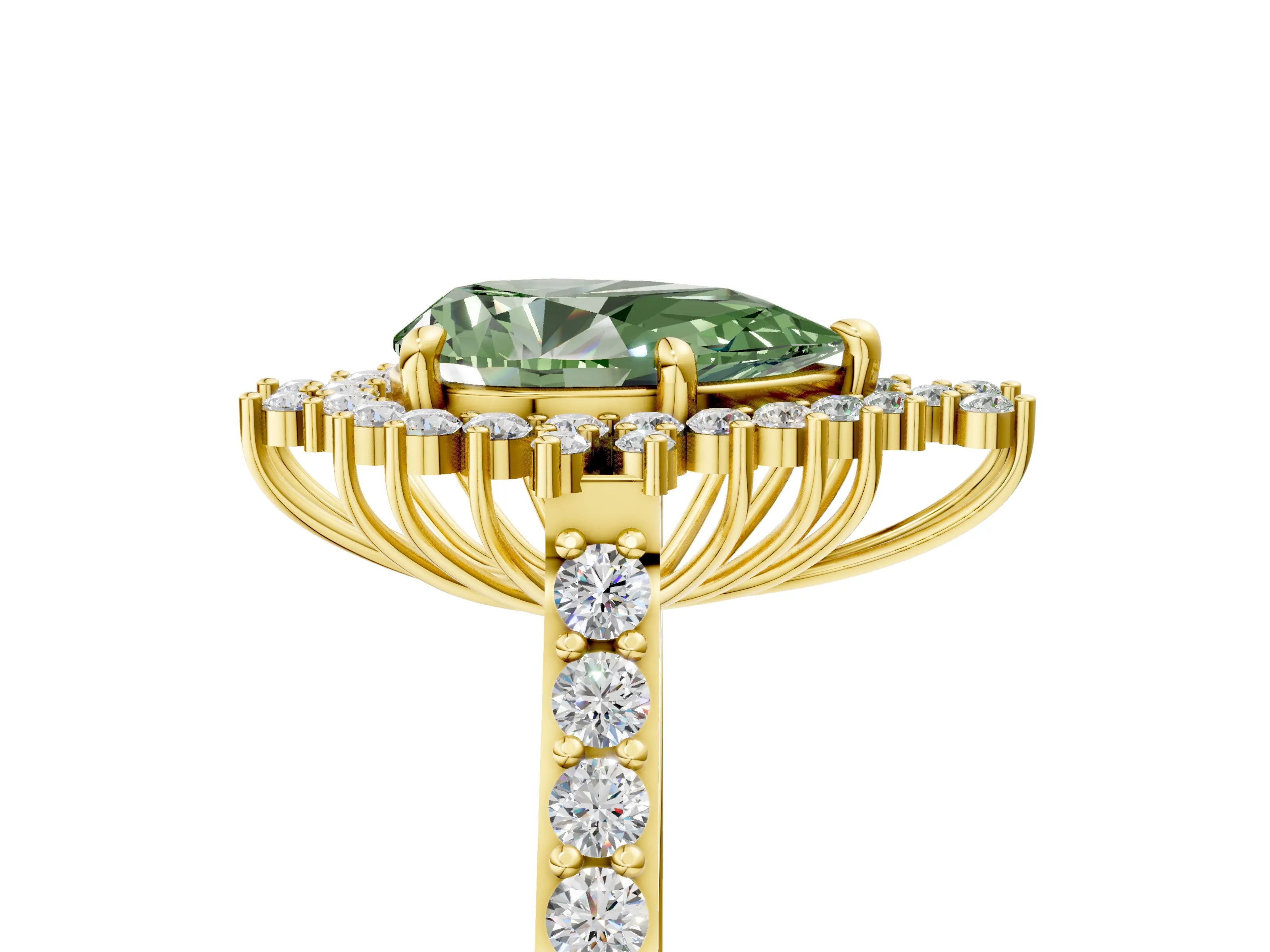 Yellow gold Fancy Green Pear Cut Cut Diamond Sunburst Halo Engagement Ring with Pavé Band_5