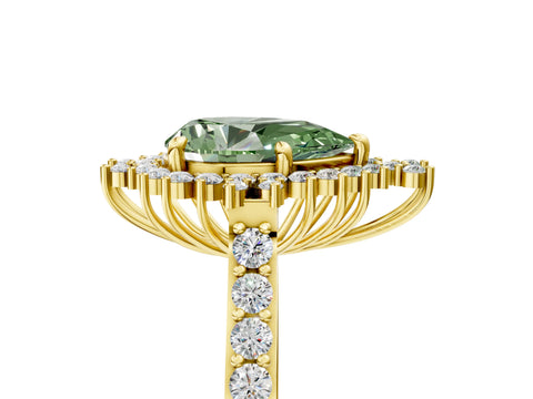 Yellow gold Fancy Green Pear Cut Cut Diamond Sunburst Halo Engagement Ring with Pavé Band_5
