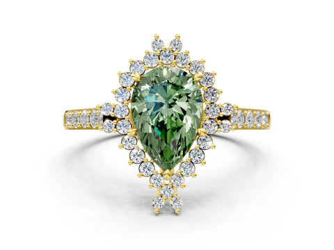 Yellow gold Fancy Green Pear Cut Cut Diamond Sunburst Halo Engagement Ring with Pavé Band
