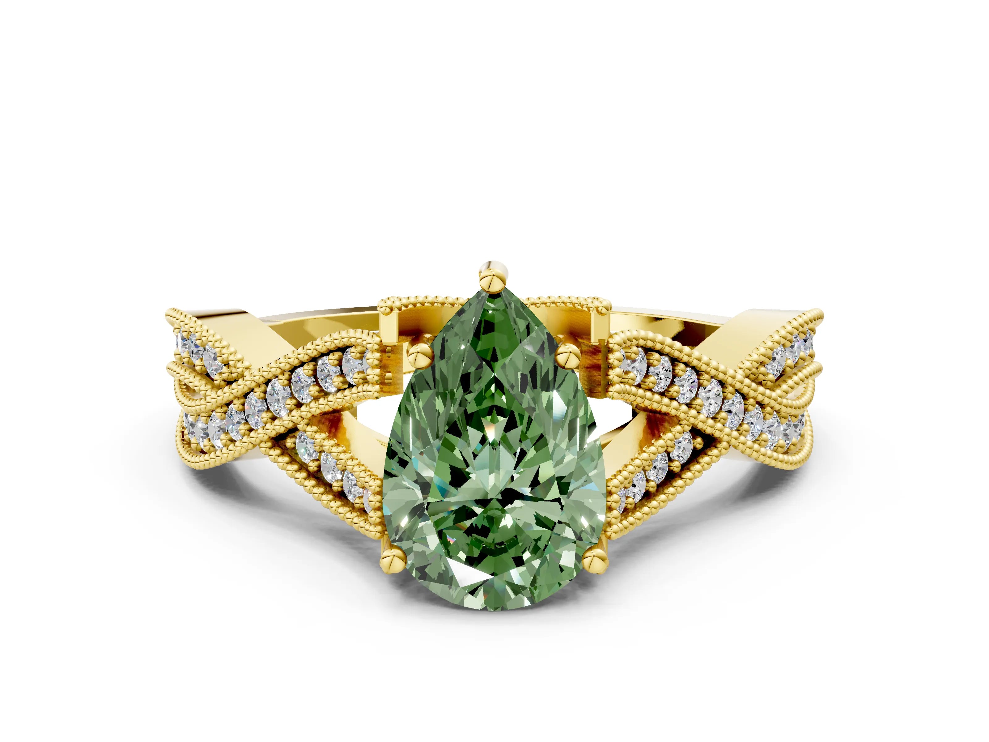 Yellow gold Fancy Green Pear Cut Cut Diamond Twisted Band with Milgrain Pave Setting and Four-Prong Setting