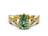 Yellow gold Fancy Green Pear Cut Cut Diamond Twisted Band with Milgrain Pave Setting and Four-Prong Setting