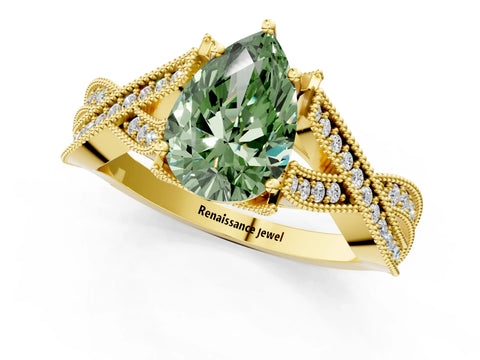 Yellow gold Fancy Green Pear Cut Cut Diamond Twisted Band with Milgrain Pave Setting and Four-Prong Setting_1