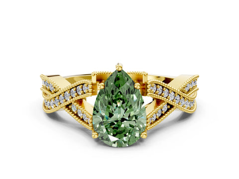 Yellow gold Fancy Green Pear Cut Cut Diamond Twisted Band with Milgrain Pave Setting and Four-Prong Setting