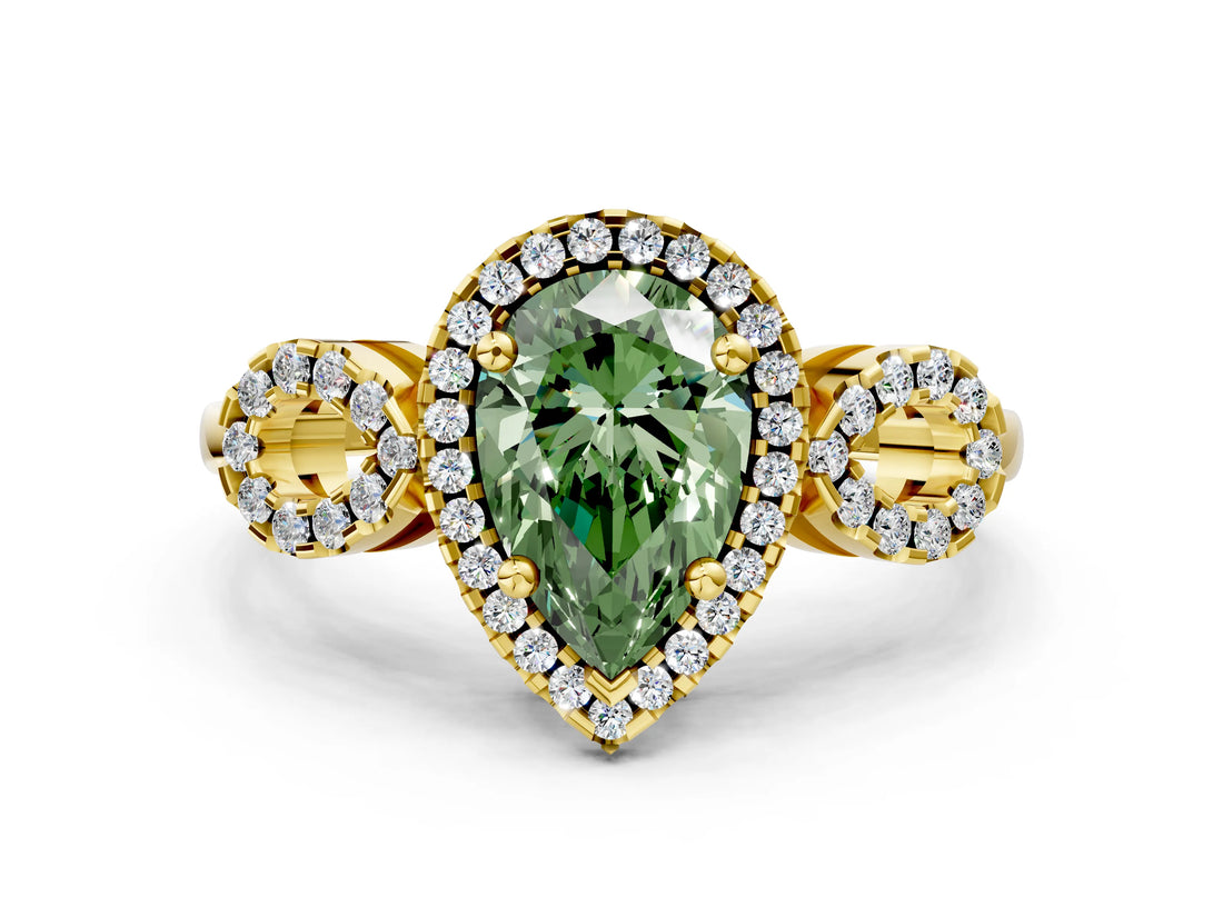 Yellow gold Fancy Green Pear Cut Cut Halo Diamond Infinity Band with Four-Prong Setting