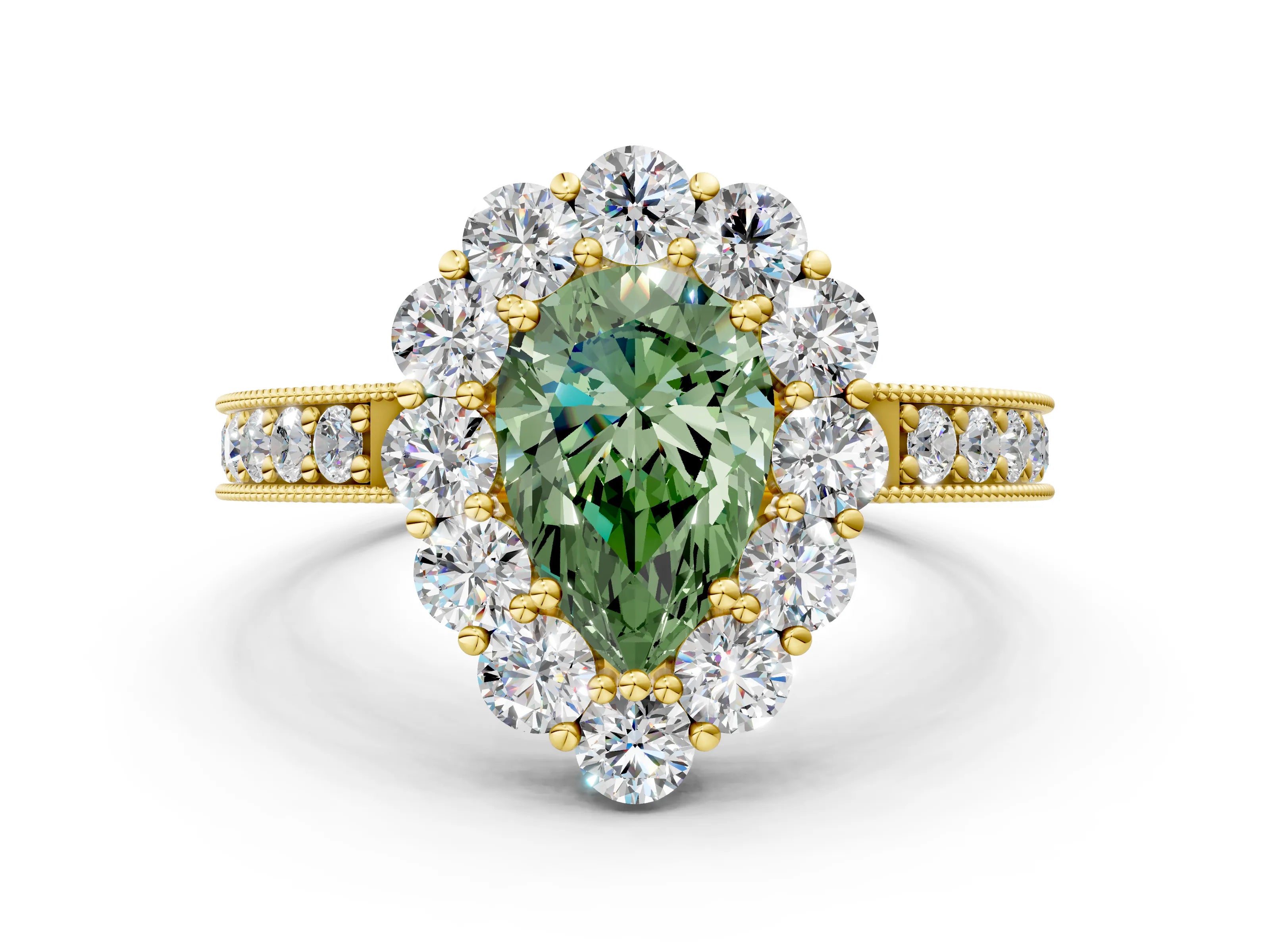 Yellow gold Fancy Green Pear Cut Cut Halo Diamond Pavé Engagement Ring with Milgrain Detailing