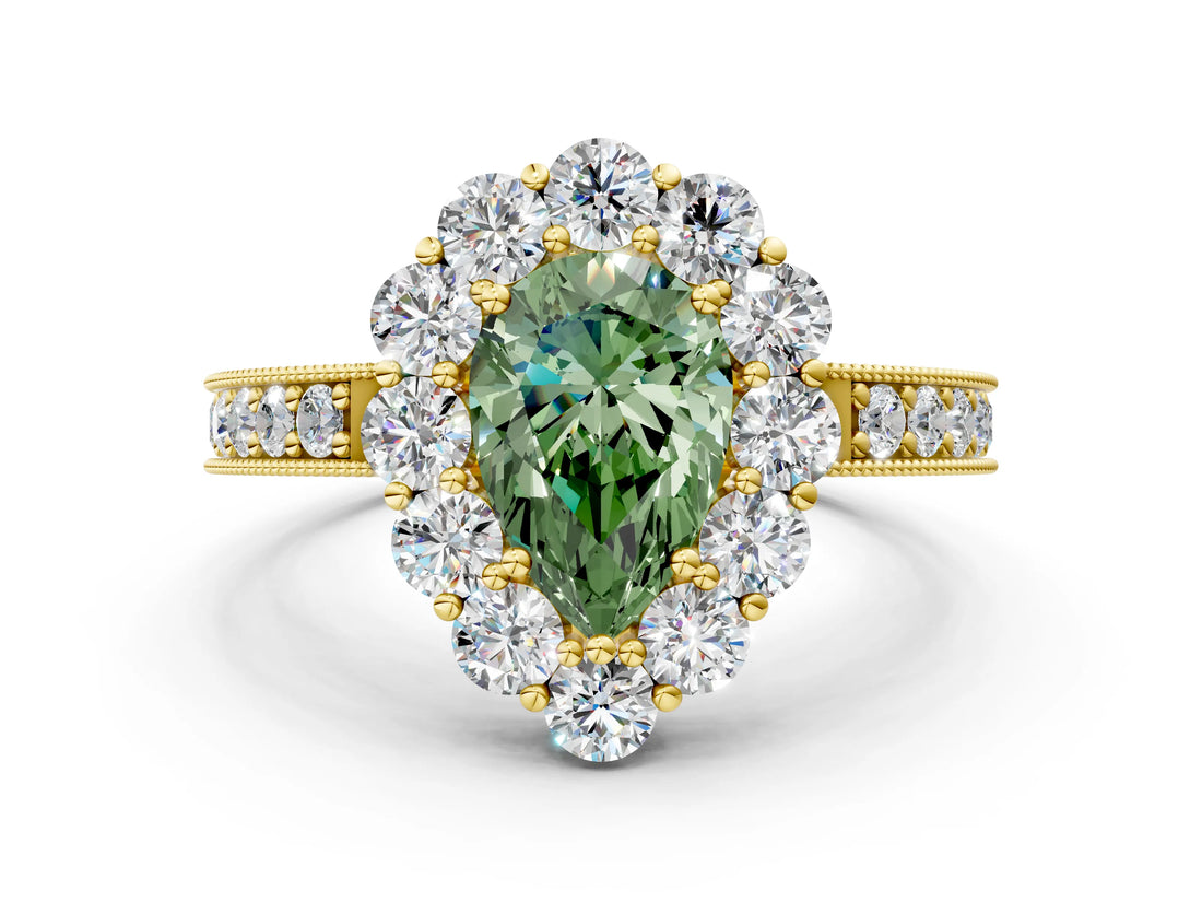 Yellow gold Fancy Green Pear Cut Cut Halo Diamond Pavé Engagement Ring with Milgrain Detailing