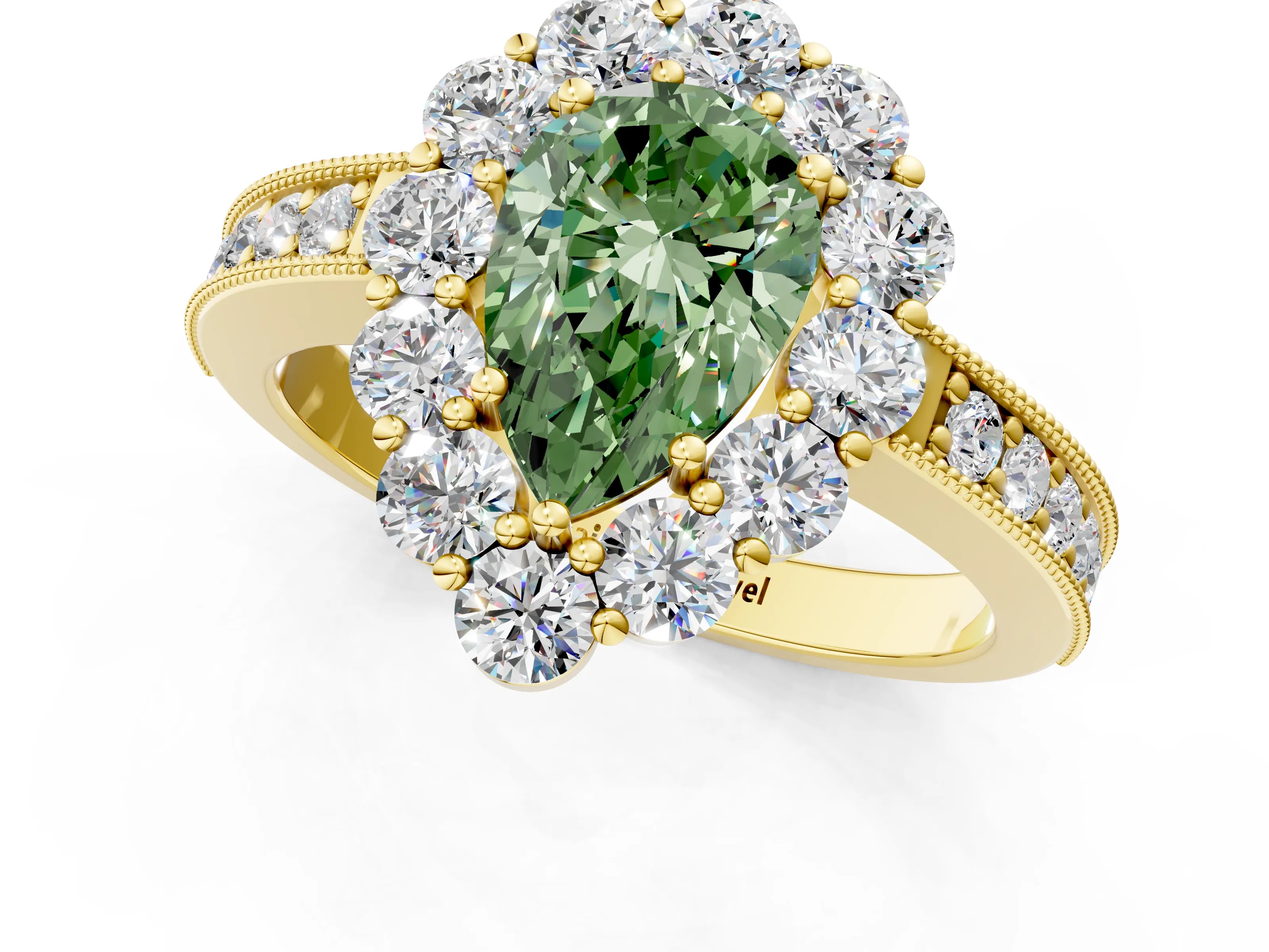 Yellow gold Fancy Green Pear Cut Cut Halo Diamond Pavé Engagement Ring with Milgrain Detailing_1