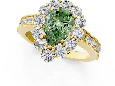 Yellow gold Fancy Green Pear Cut Cut Halo Diamond Pavé Engagement Ring with Milgrain Detailing_1