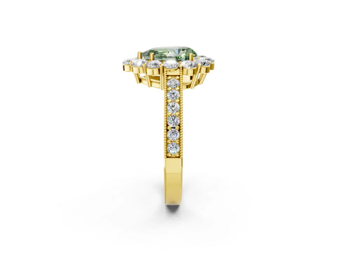 Yellow gold Fancy Green Pear Cut Cut Halo Diamond Pavé Engagement Ring with Milgrain Detailing_2