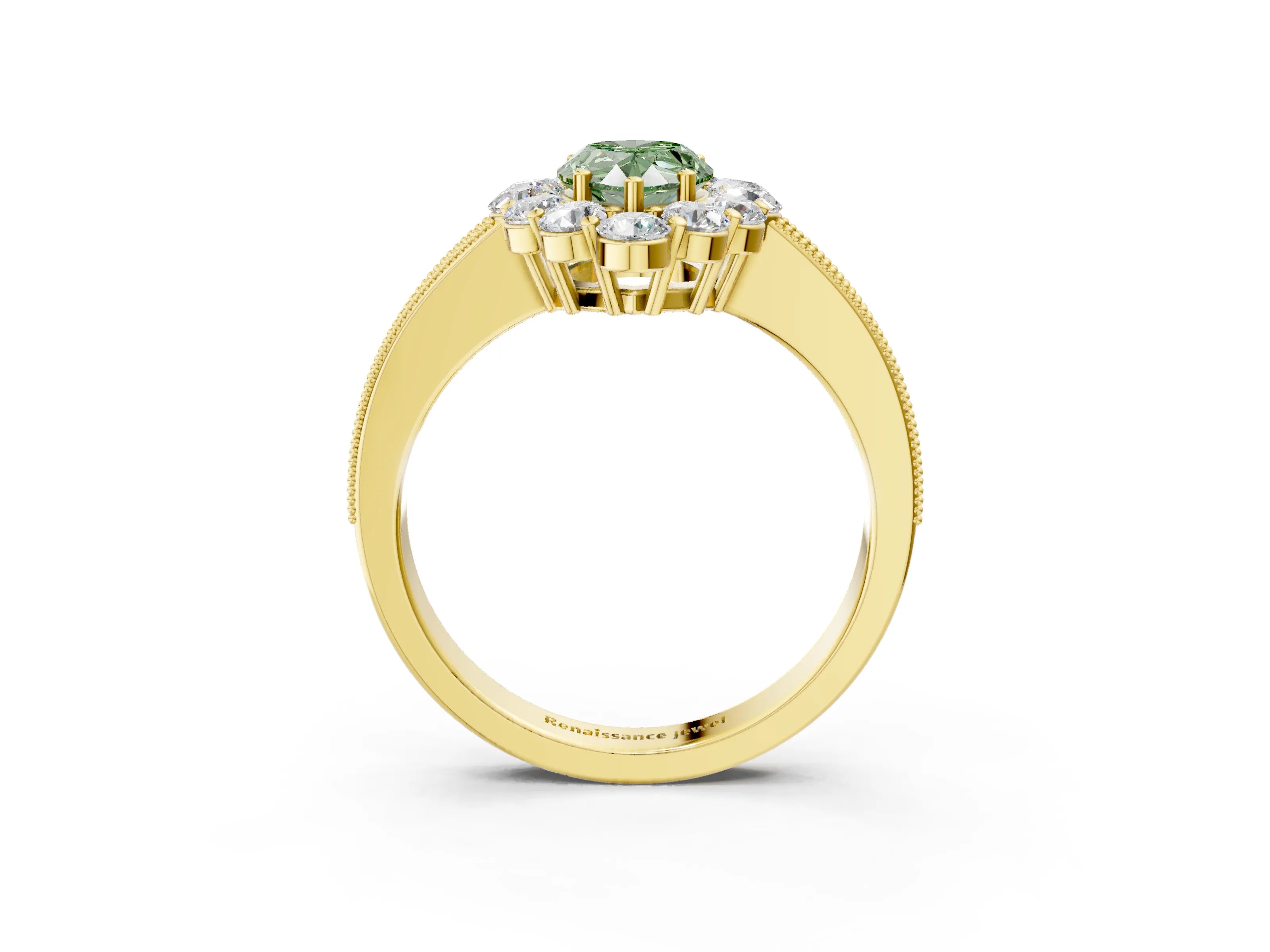 Yellow gold Fancy Green Pear Cut Cut Halo Diamond Pavé Engagement Ring with Milgrain Detailing_3