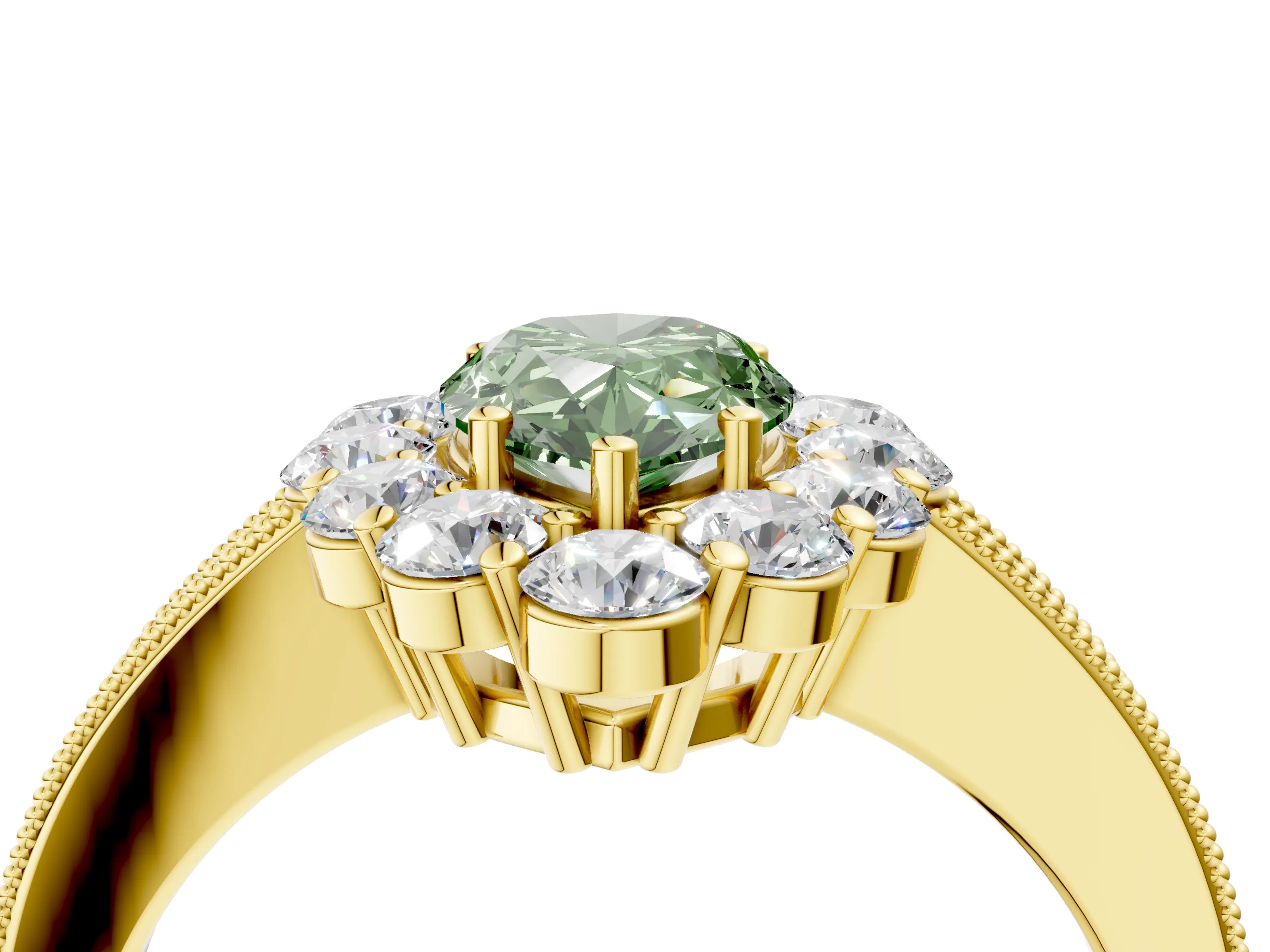 Yellow gold Fancy Green Pear Cut Cut Halo Diamond Pavé Engagement Ring with Milgrain Detailing_4