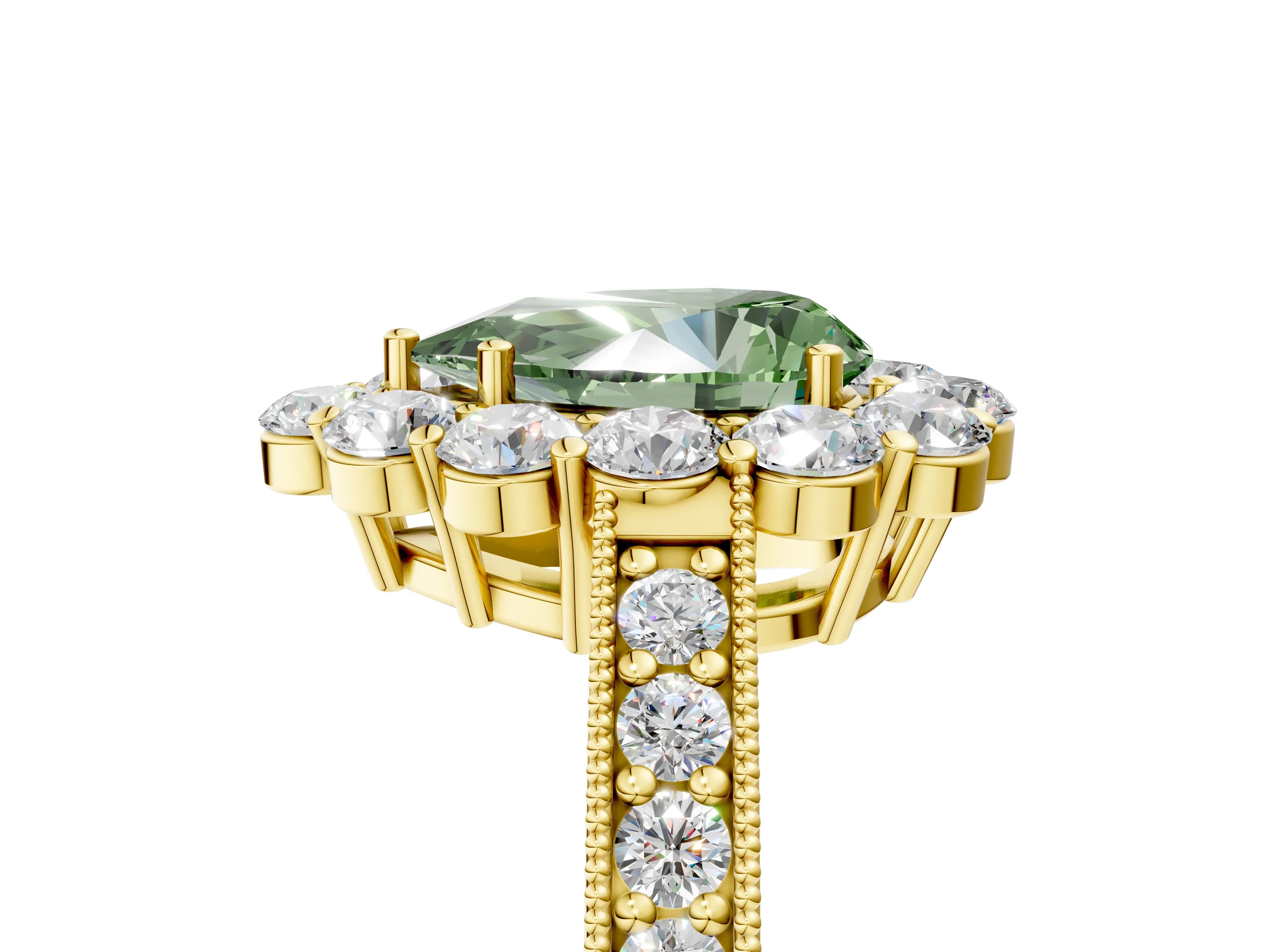 Yellow gold Fancy Green Pear Cut Cut Halo Diamond Pavé Engagement Ring with Milgrain Detailing_5