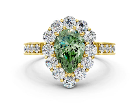 Yellow gold Fancy Green Pear Cut Cut Halo Diamond Pavé Engagement Ring with Milgrain Detailing