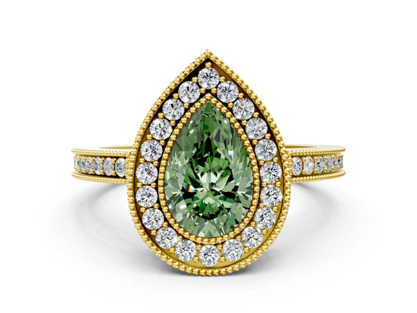 Yellow Gold Pear-Shaped Double Milgrain Halo Engagement Ring Setting for Fancy Green Center