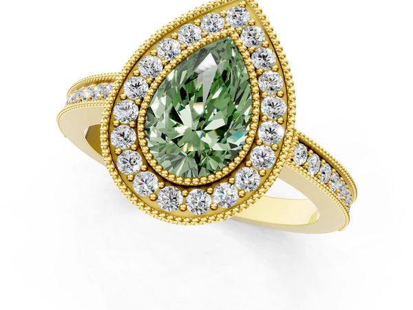 Yellow Gold Pear-Shaped Double Milgrain Halo Engagement Ring Setting for Fancy Green Center