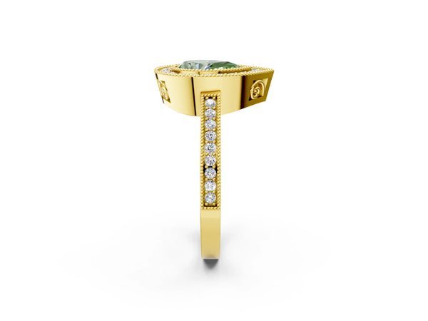 Yellow Gold Pear-Shaped Double Milgrain Halo Engagement Ring Setting for Fancy Green Center