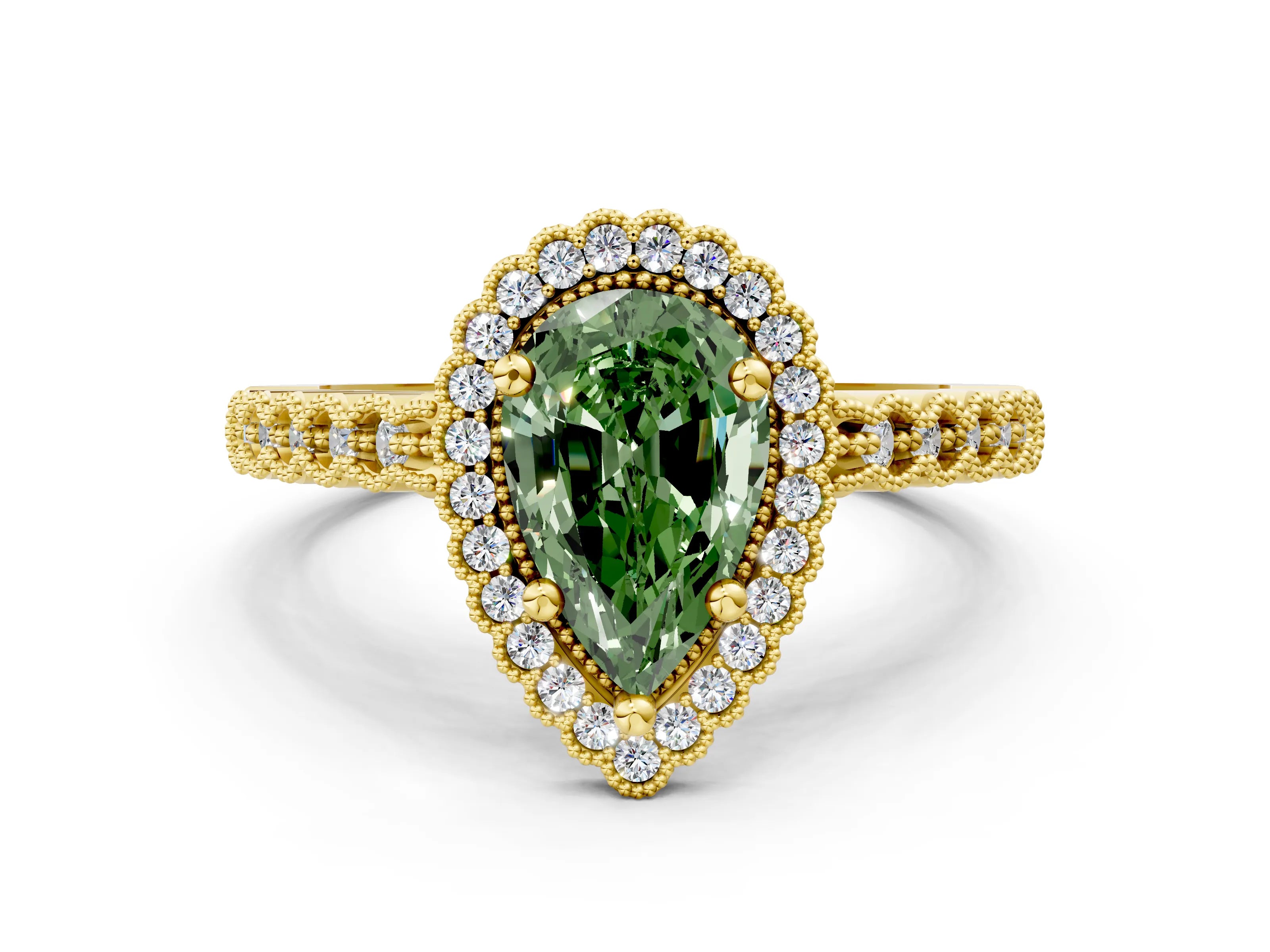 Yellow gold Fancy Green Pear Cut Cut Halo Pavé Solitaire Ring with Milgrain Band