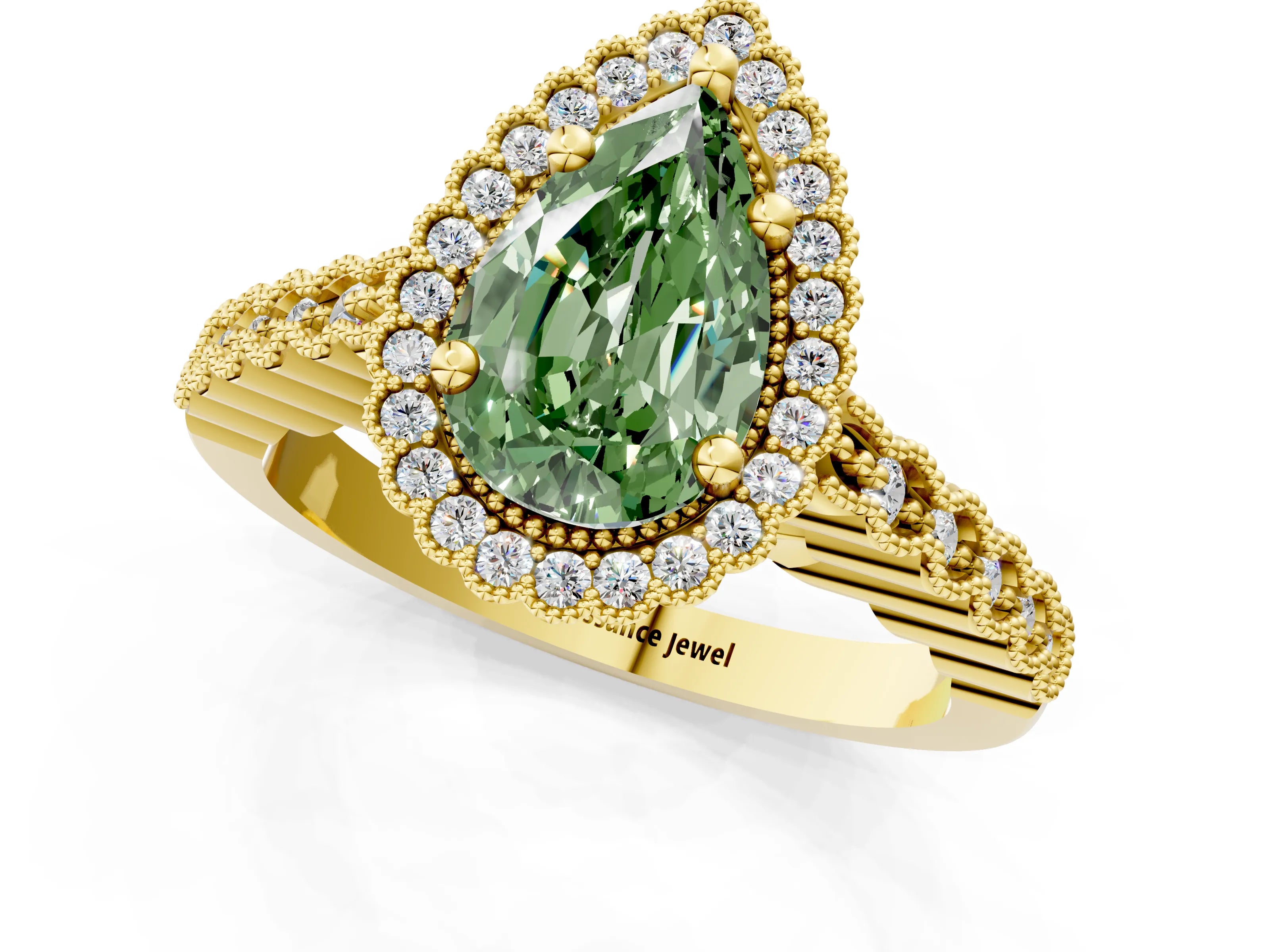 Yellow gold Fancy Green Pear Cut Cut Halo Pavé Solitaire Ring with Milgrain Band_1