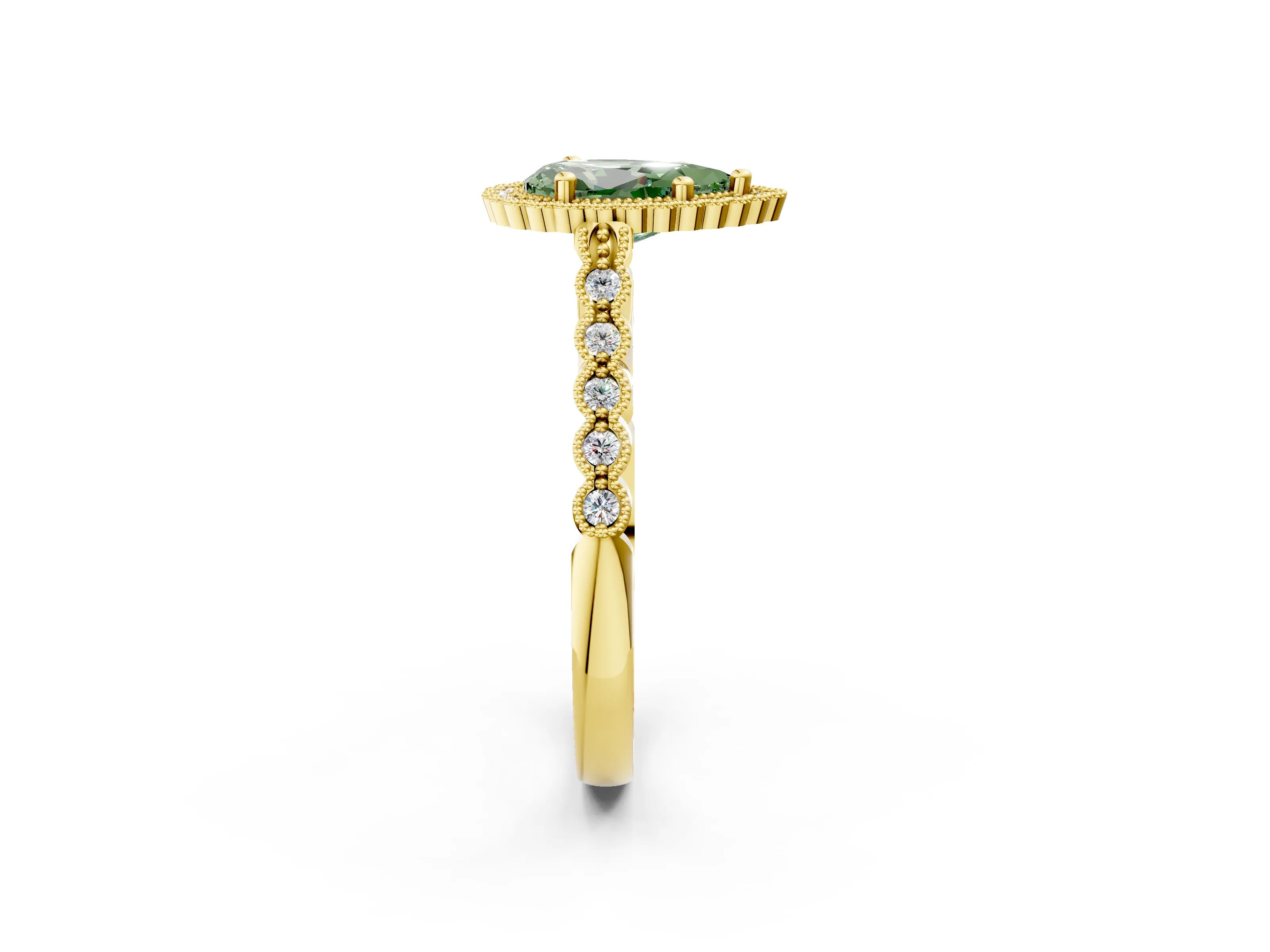 Yellow gold Fancy Green Pear Cut Cut Halo Pavé Solitaire Ring with Milgrain Band_2
