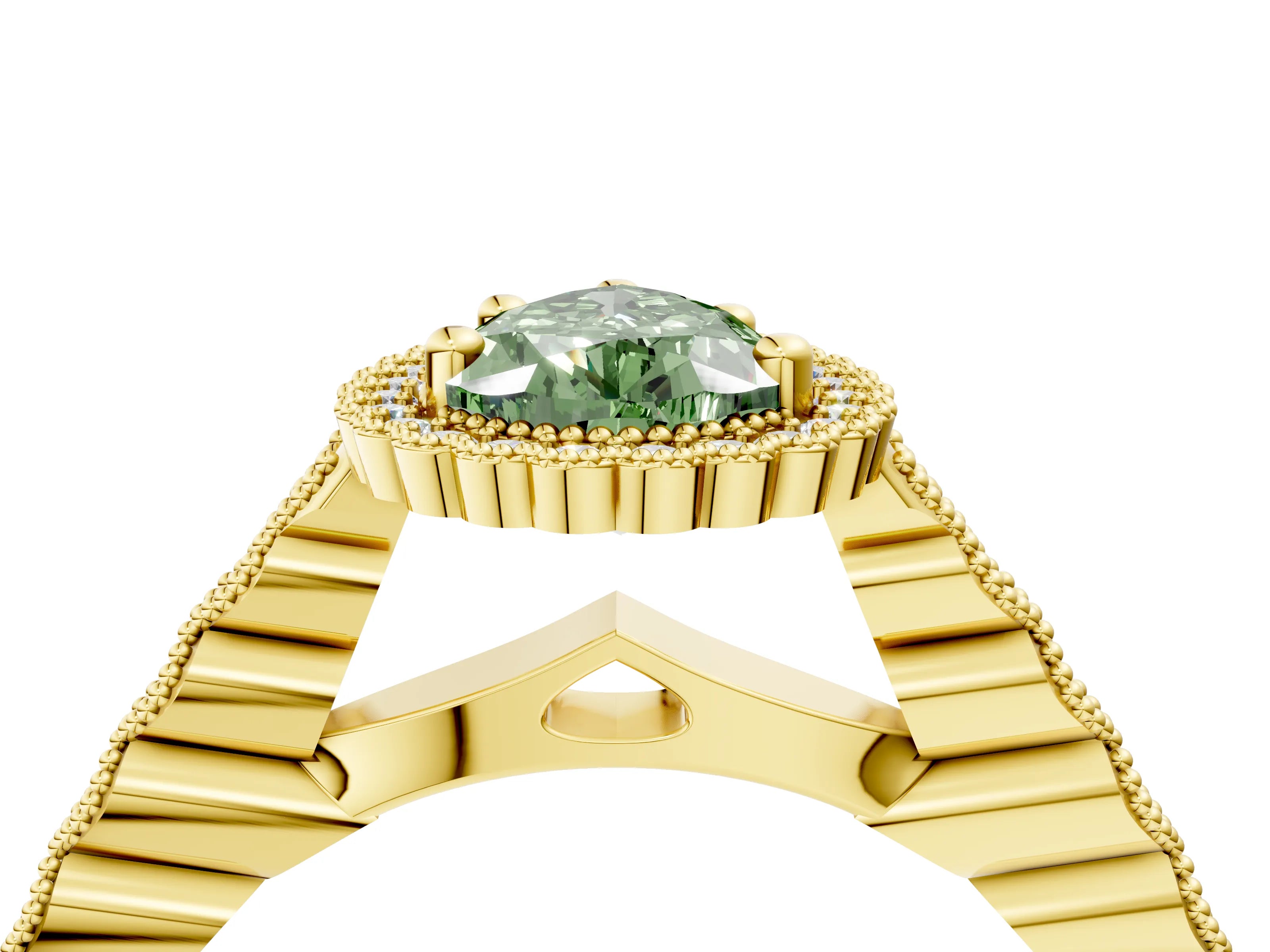 Yellow gold Fancy Green Pear Cut Cut Halo Pavé Solitaire Ring with Milgrain Band_4