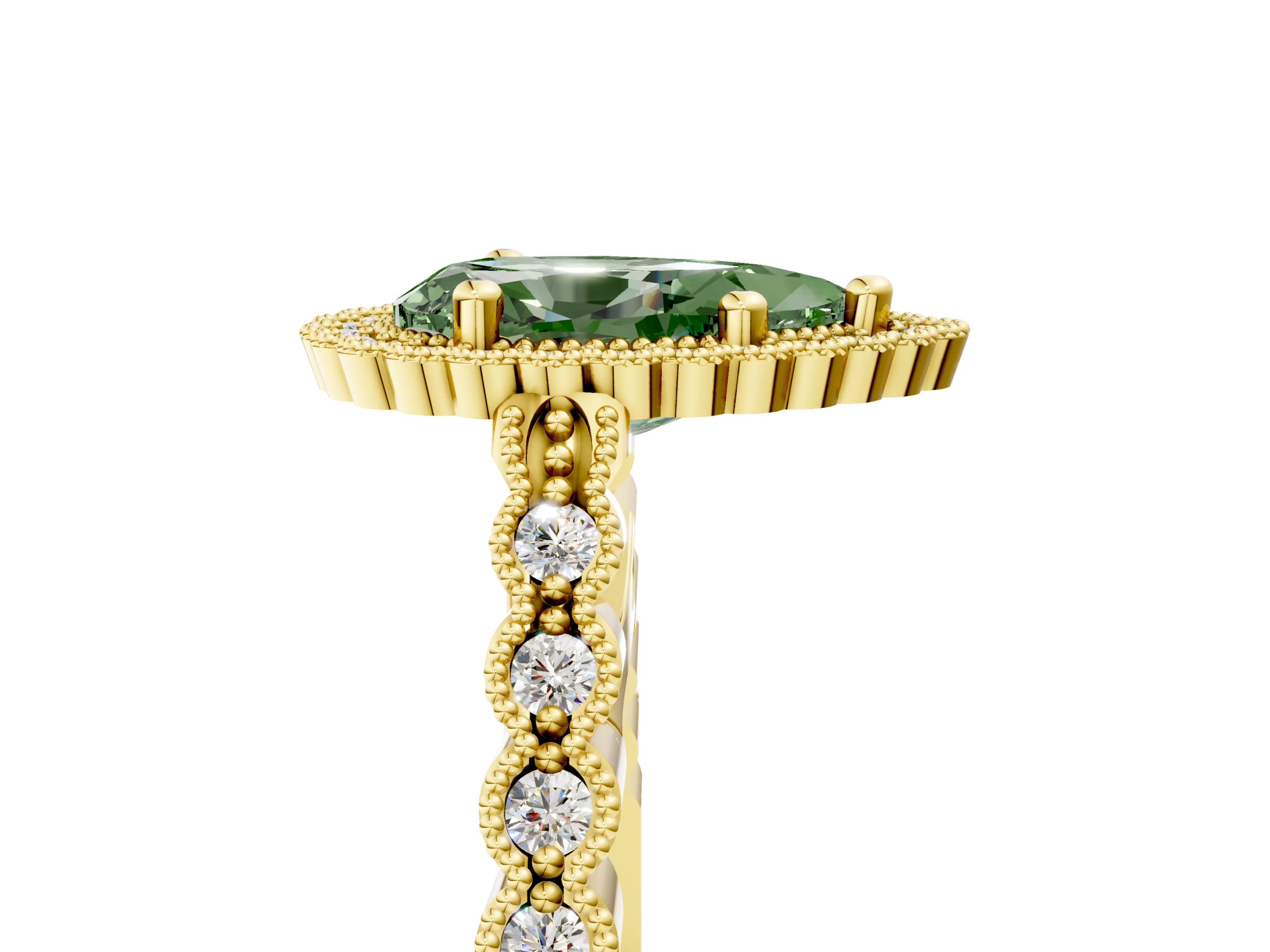 Yellow gold Fancy Green Pear Cut Cut Halo Pavé Solitaire Ring with Milgrain Band_5