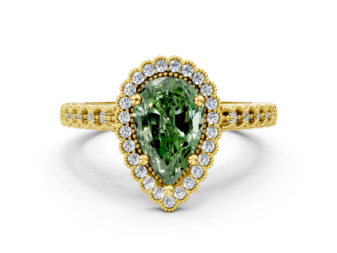 Yellow gold Fancy Green Pear Cut Cut Halo Pavé Solitaire Ring with Milgrain Band