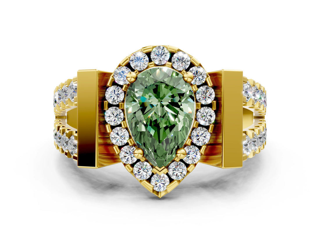 Yellow gold Fancy Green Pear Cut Cut Halo Split Shank Prong Set Ring