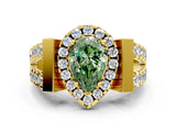 Yellow gold Fancy Green Pear Cut Cut Halo Split Shank Prong Set Ring