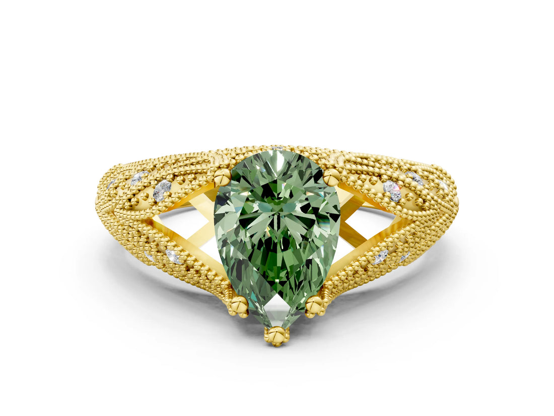 Yellow gold Fancy Green Pear Cut Cut Milgrain Pave Diamond Engagement Ring with Four-Prong Setting_3