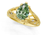 Yellow gold Fancy Green Pear Cut Cut Milgrain Pave Diamond Engagement Ring with Four-Prong Setting_4