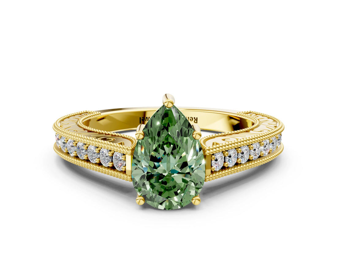 Yellow gold Fancy Green Pear Cut Cut Pave Band Milgrain Solitaire Ring