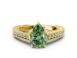 Yellow gold Fancy Green Pear Cut Cut Pave Band Milgrain Solitaire Ring