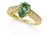 Yellow gold Fancy Green Pear Cut Cut Pave Band Milgrain Solitaire Ring_1