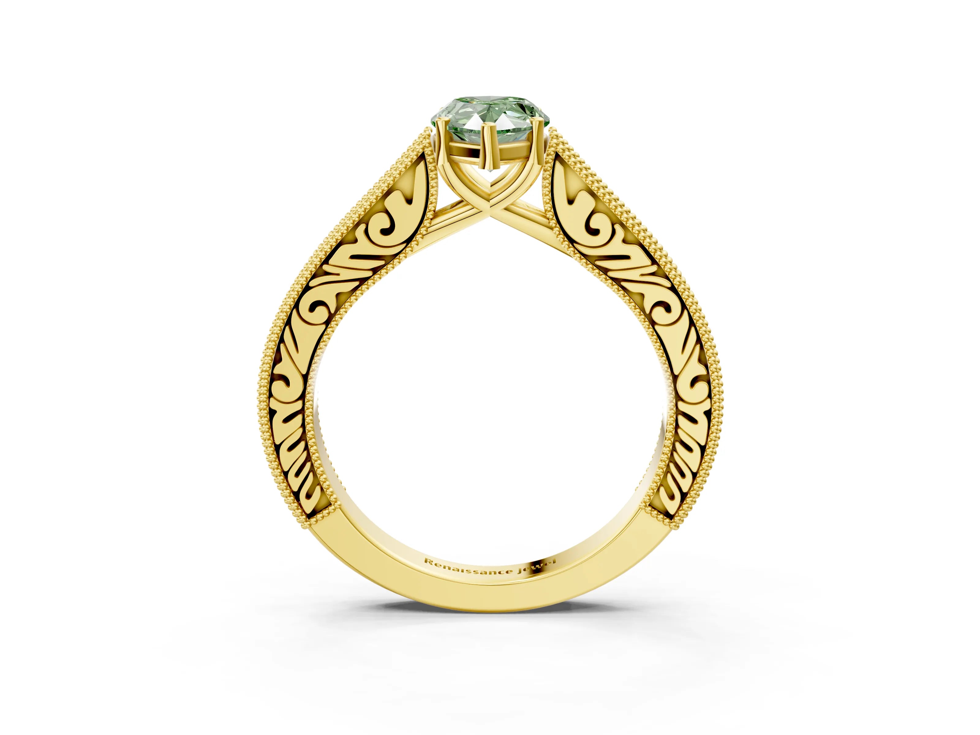 Yellow gold Fancy Green Pear Cut Cut Pave Band Milgrain Solitaire Ring_3