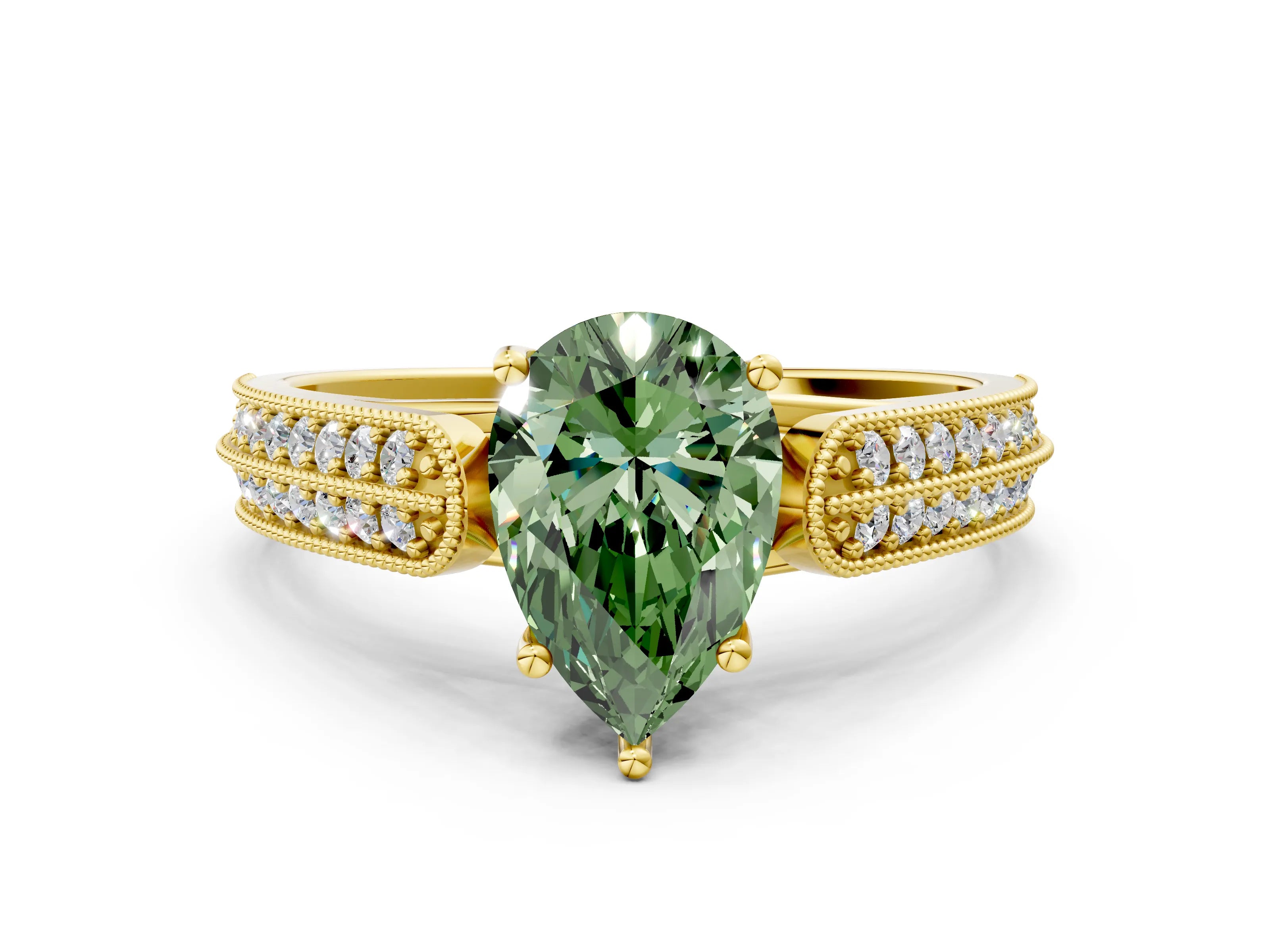 Yellow gold Fancy Green Pear Cut Cut Pave Split Shank Engagement Ring with Four-Prong Setting