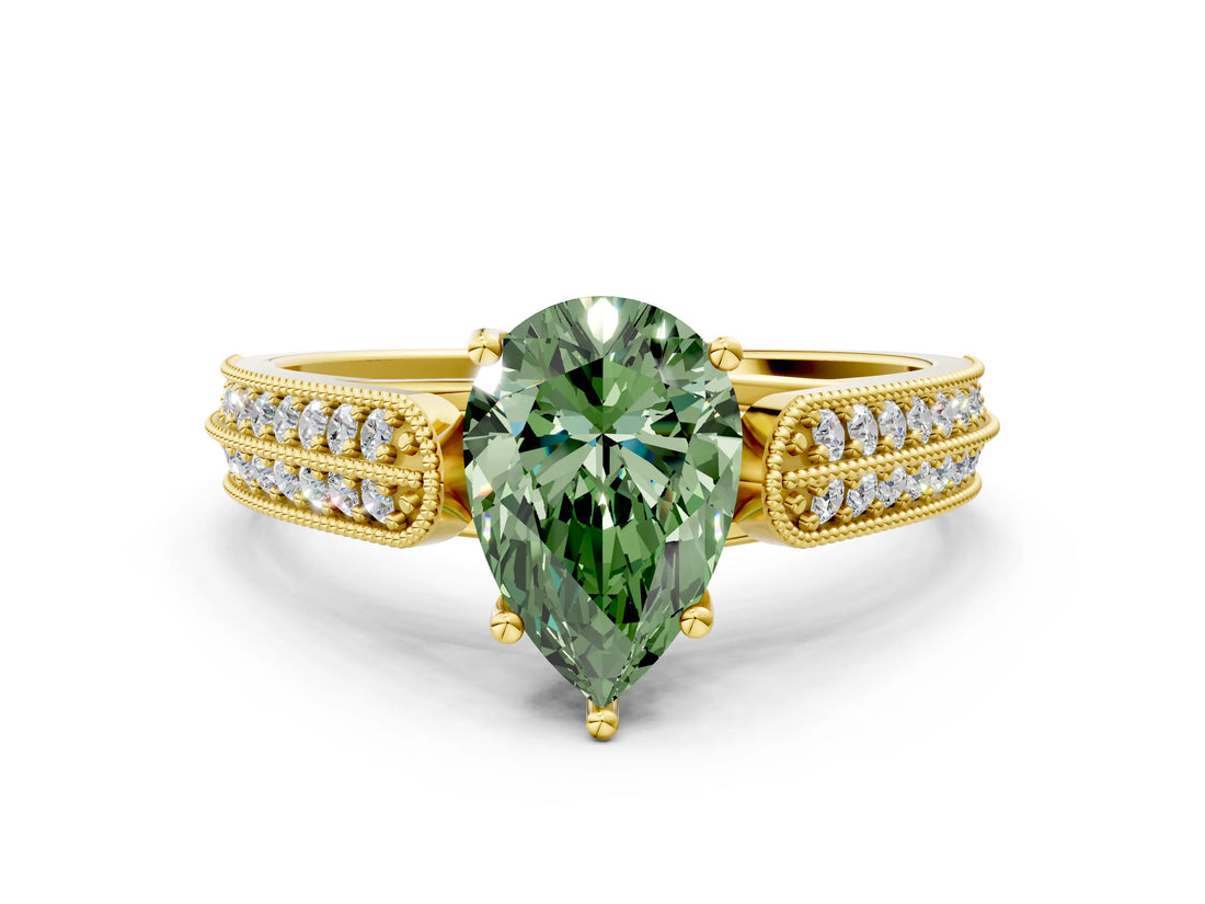 Yellow gold Fancy Green Pear Cut Cut Pave Split Shank Engagement Ring with Four-Prong Setting