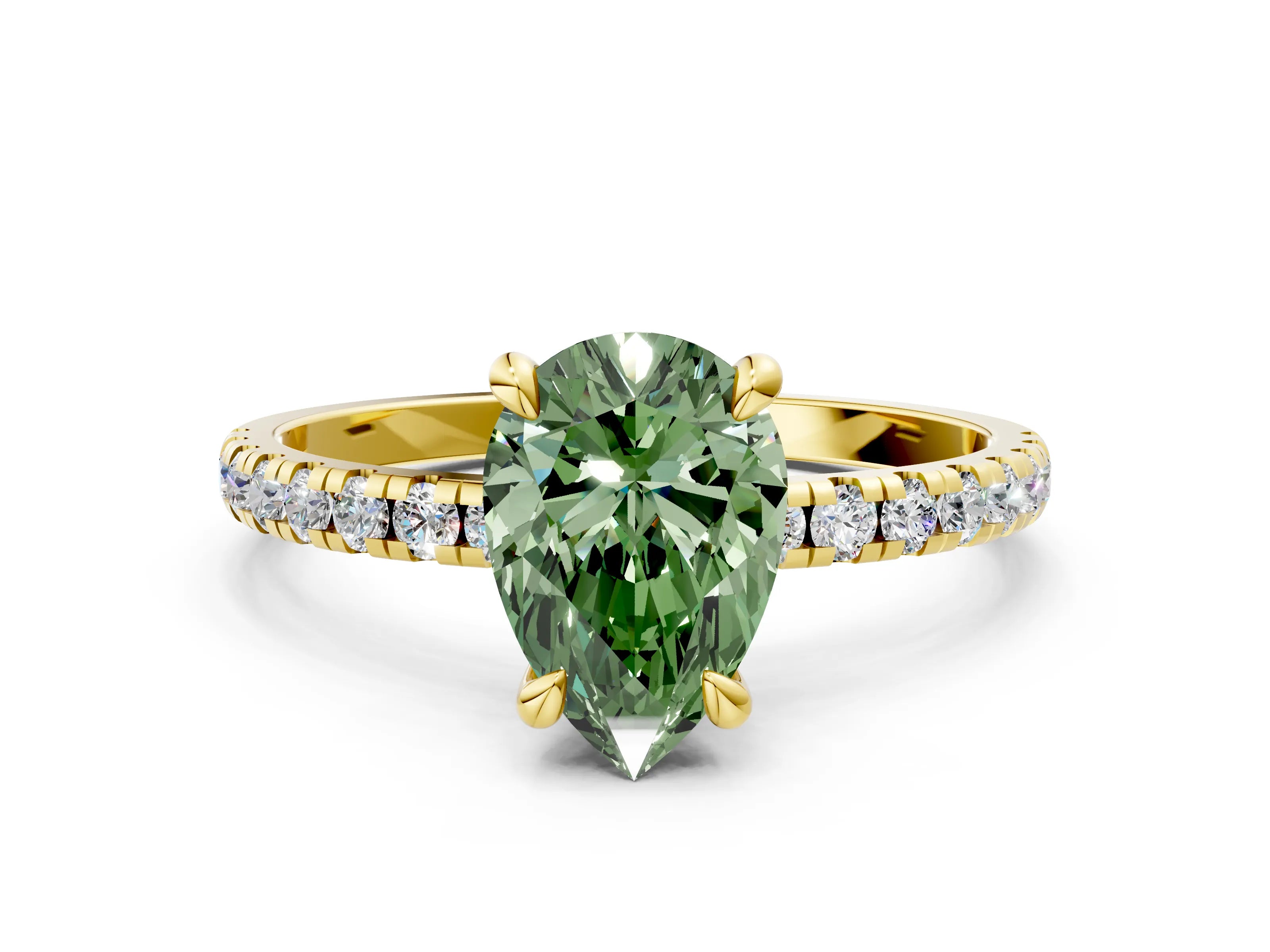 Yellow gold Fancy Green Pear Cut Diamond Brilliant Solitaire Ring with Pavé Band and Four-Prong Setting