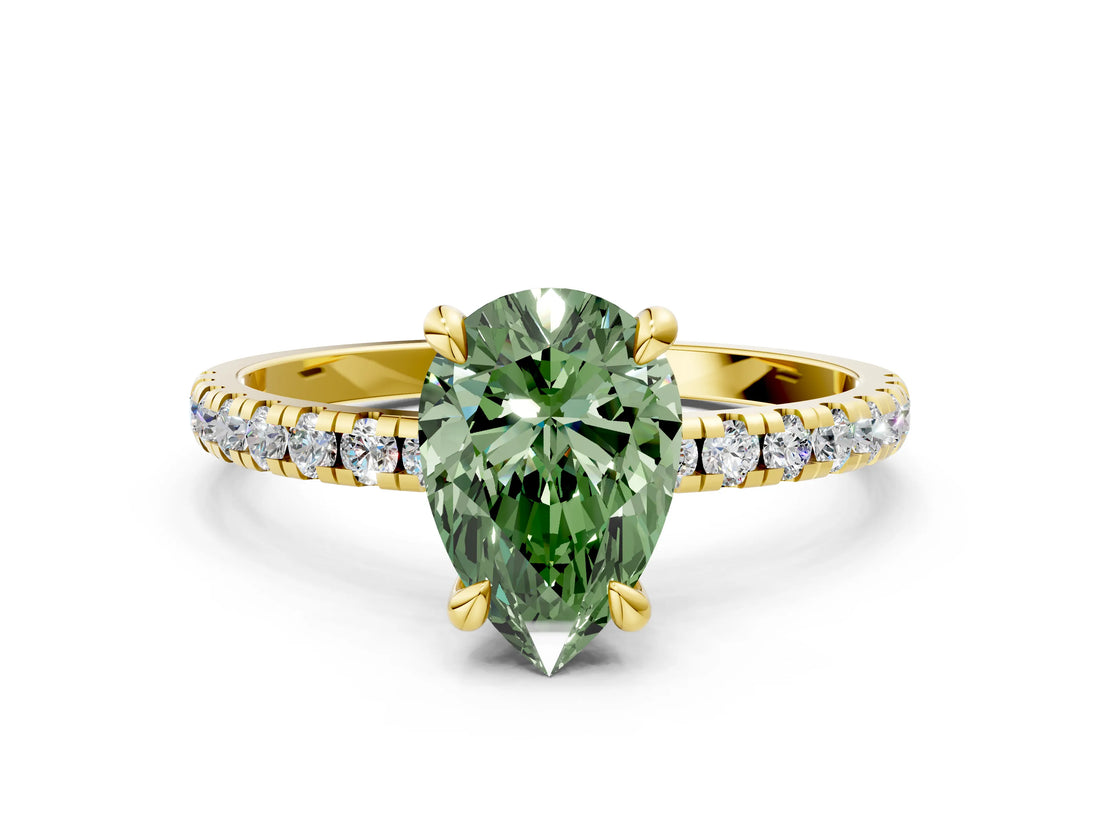 Yellow gold Fancy Green Pear Cut Diamond Brilliant Solitaire Ring with Pavé Band and Four-Prong Setting
