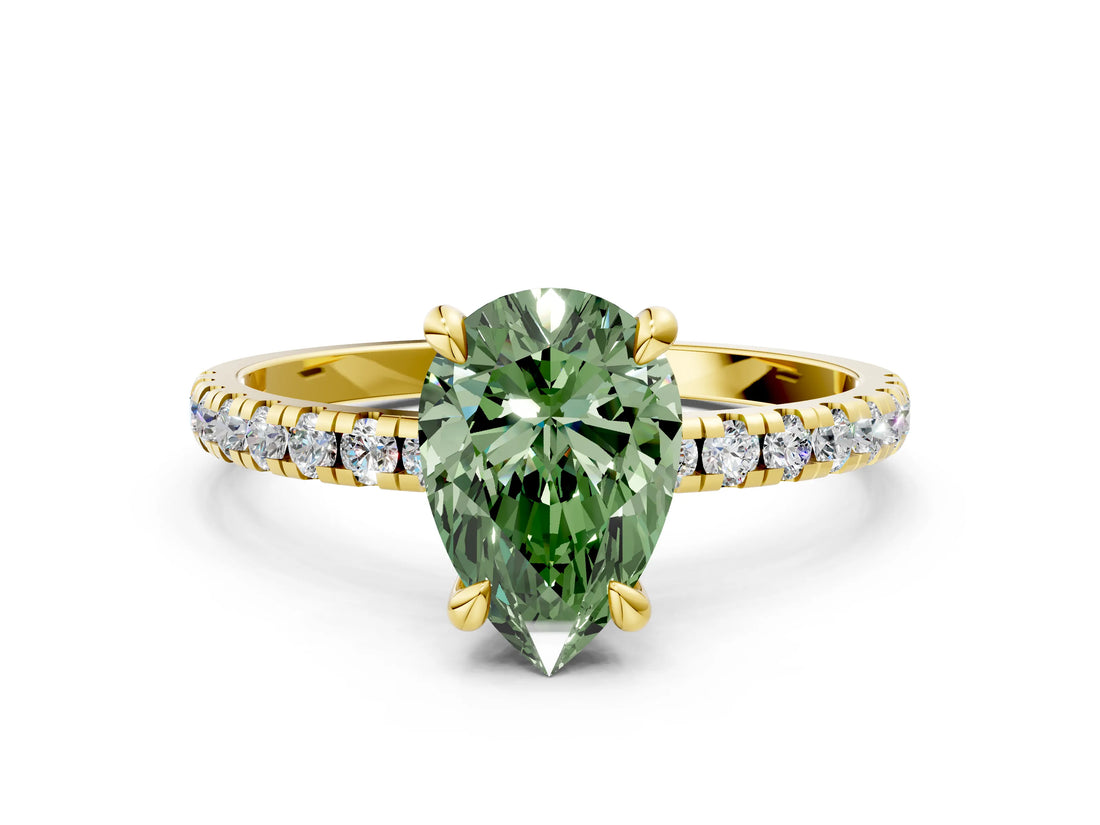 Yellow gold Fancy Green Pear Cut Diamond Brilliant Solitaire Ring with Pavé Band and Four-Prong Setting_12