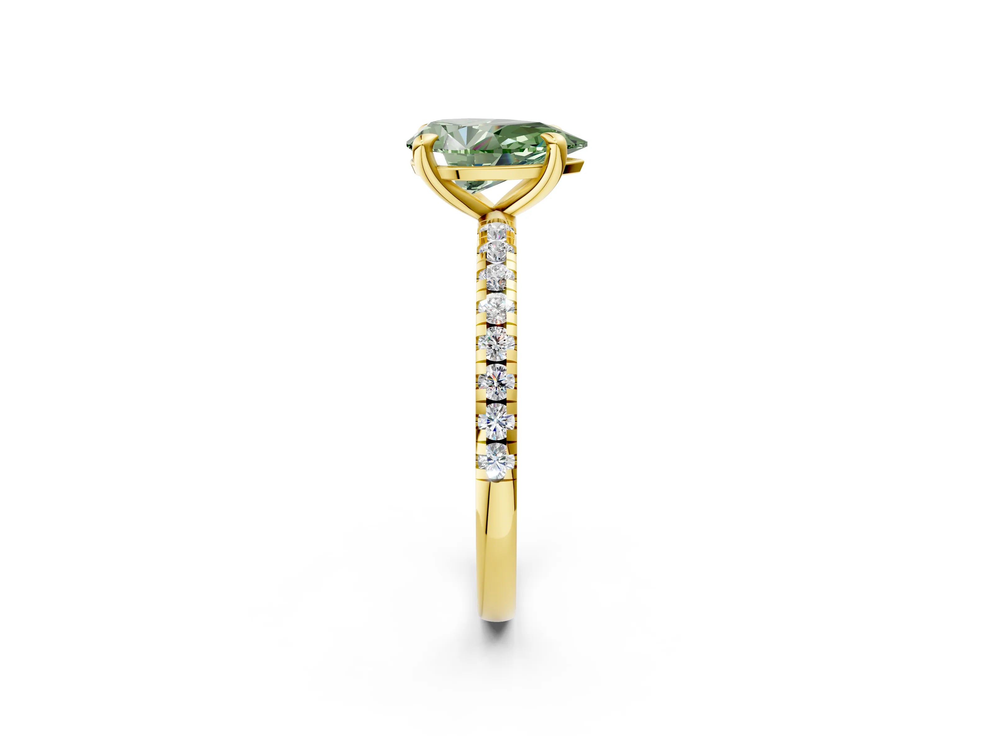 Yellow gold Fancy Green Pear Cut Diamond Brilliant Solitaire Ring with Pavé Band and Four-Prong Setting_2