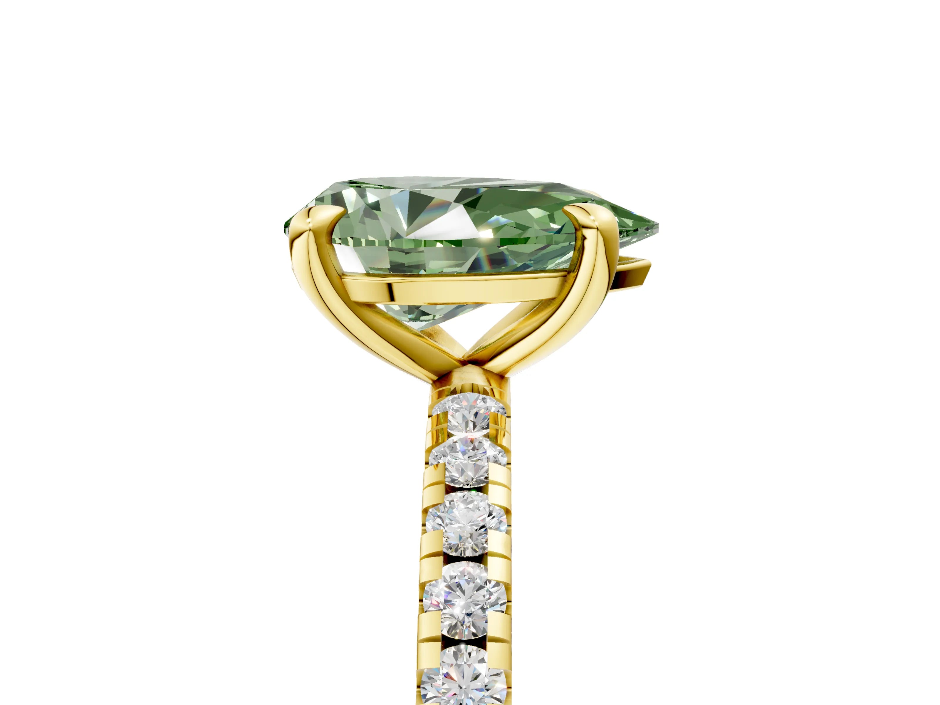 Yellow gold Fancy Green Pear Cut Diamond Brilliant Solitaire Ring with Pavé Band and Four-Prong Setting_5