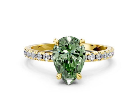 Yellow gold Fancy Green Pear Cut Diamond Brilliant Solitaire Ring with Pavé Band and Four-Prong Setting