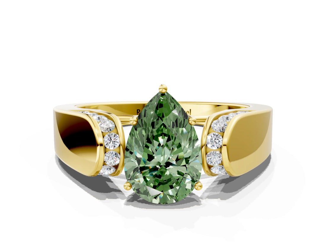 Yellow gold Fancy Green Pear Cut Diamond Channel Set Solitaire Ring with Four-Prong Setting_12