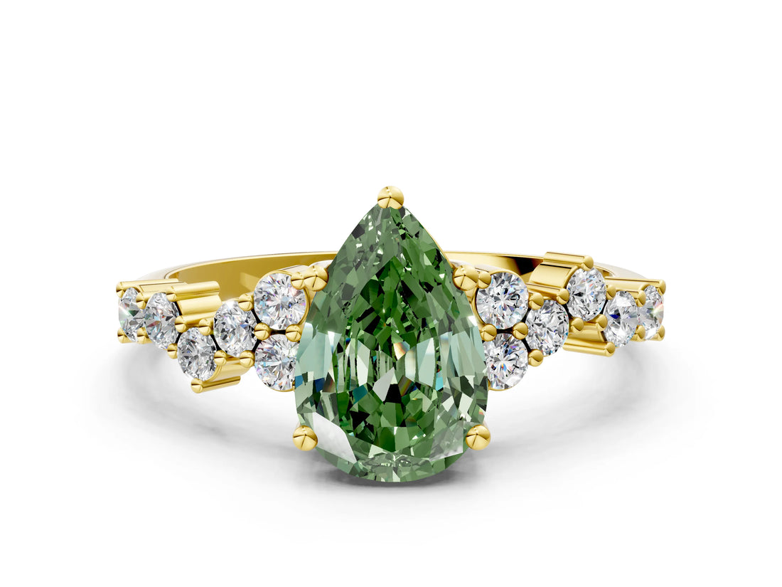 Yellow gold Fancy Green Pear Cut Diamond Cluster Pavé Band with Four-Prong Setting_12