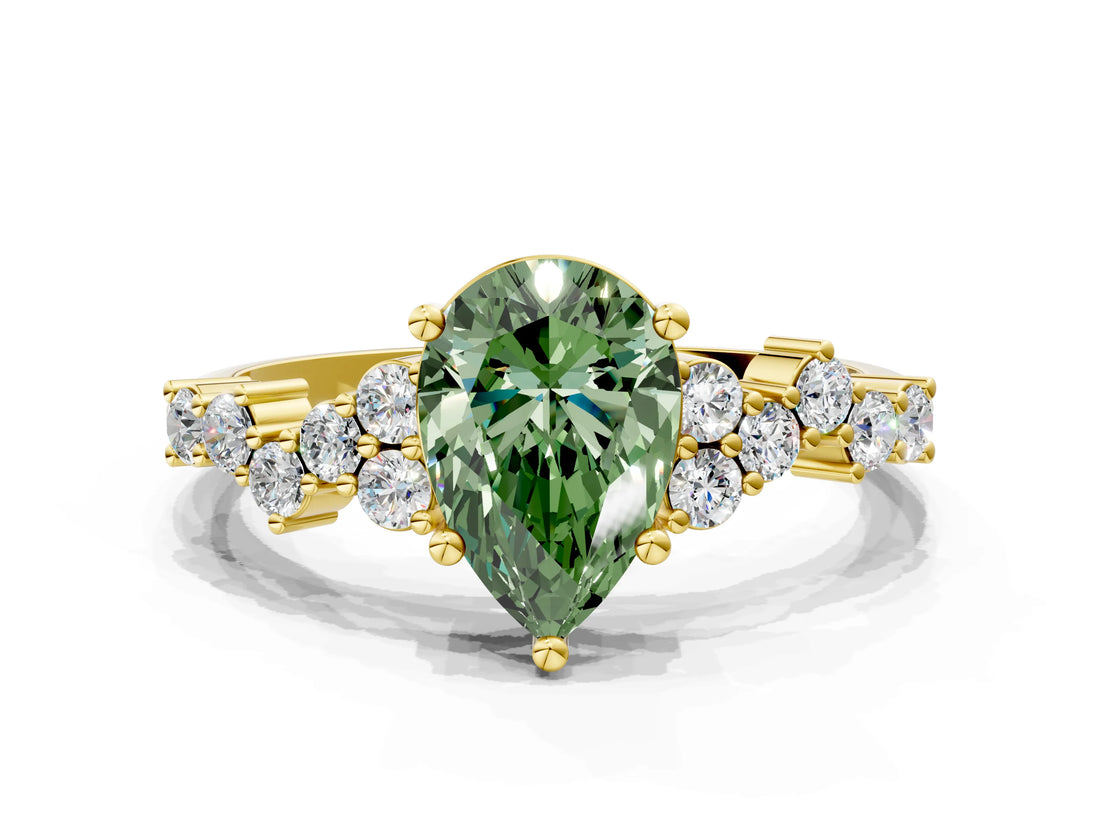 Yellow gold Fancy Green Pear Cut Diamond Cluster Pavé Band with Four-Prong Setting_3