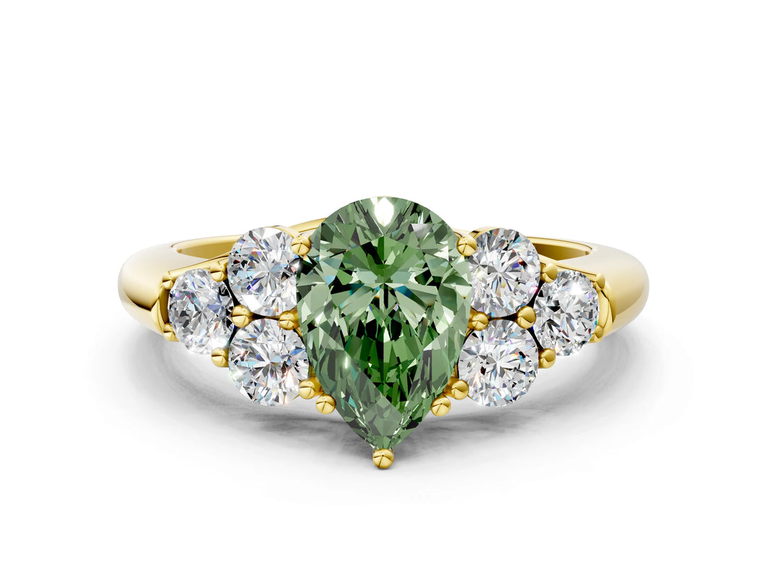 Yellow gold Fancy Green Pear  Cut Diamond Cluster Ring with Round Accent Stones and Prong Setting on a Classic Band_51
