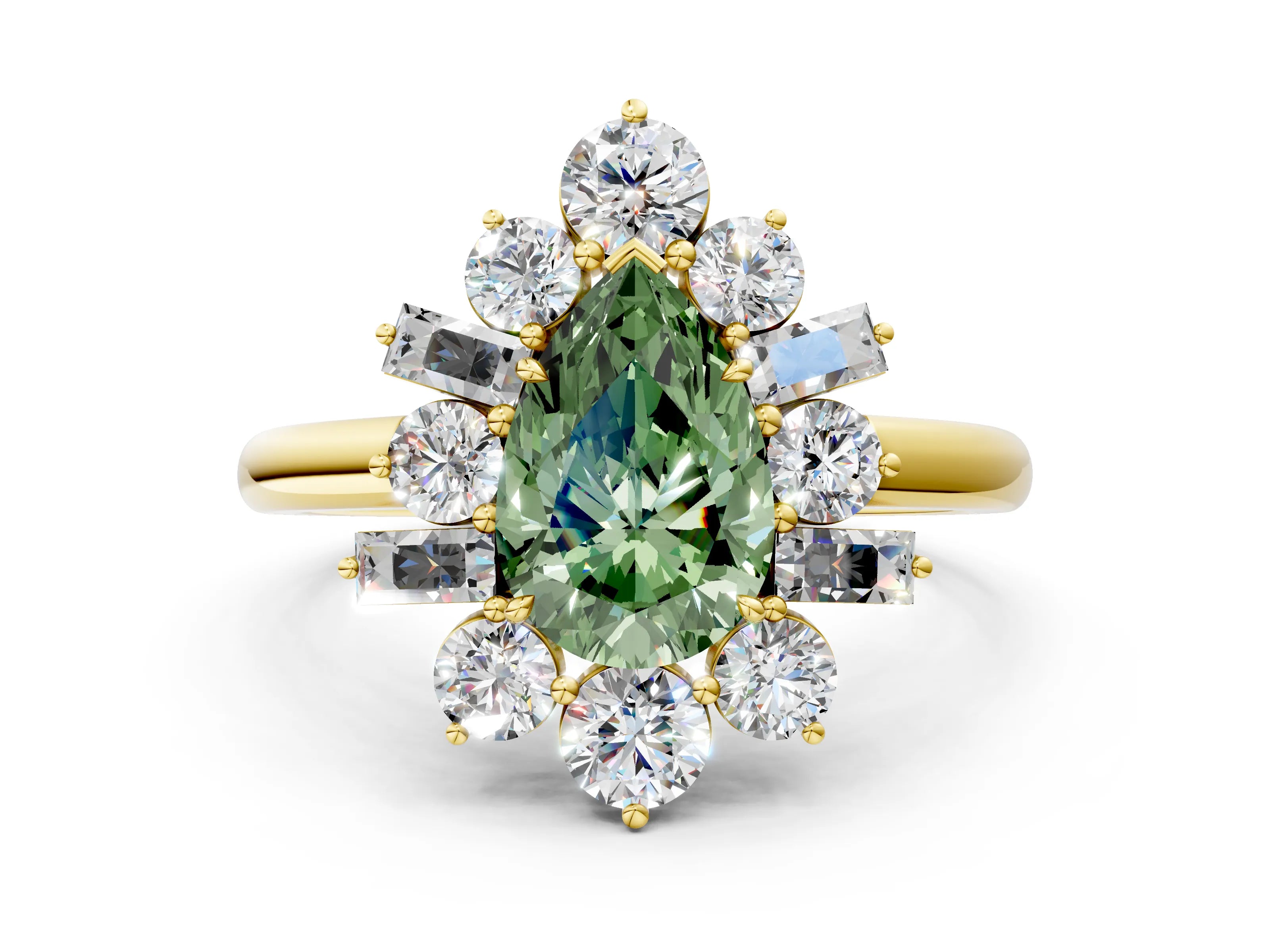 Yellow gold Fancy Green Pear Cut Diamond Cluster Ring with Round and Baguette Stones, Split Shank Band, Prong Setting