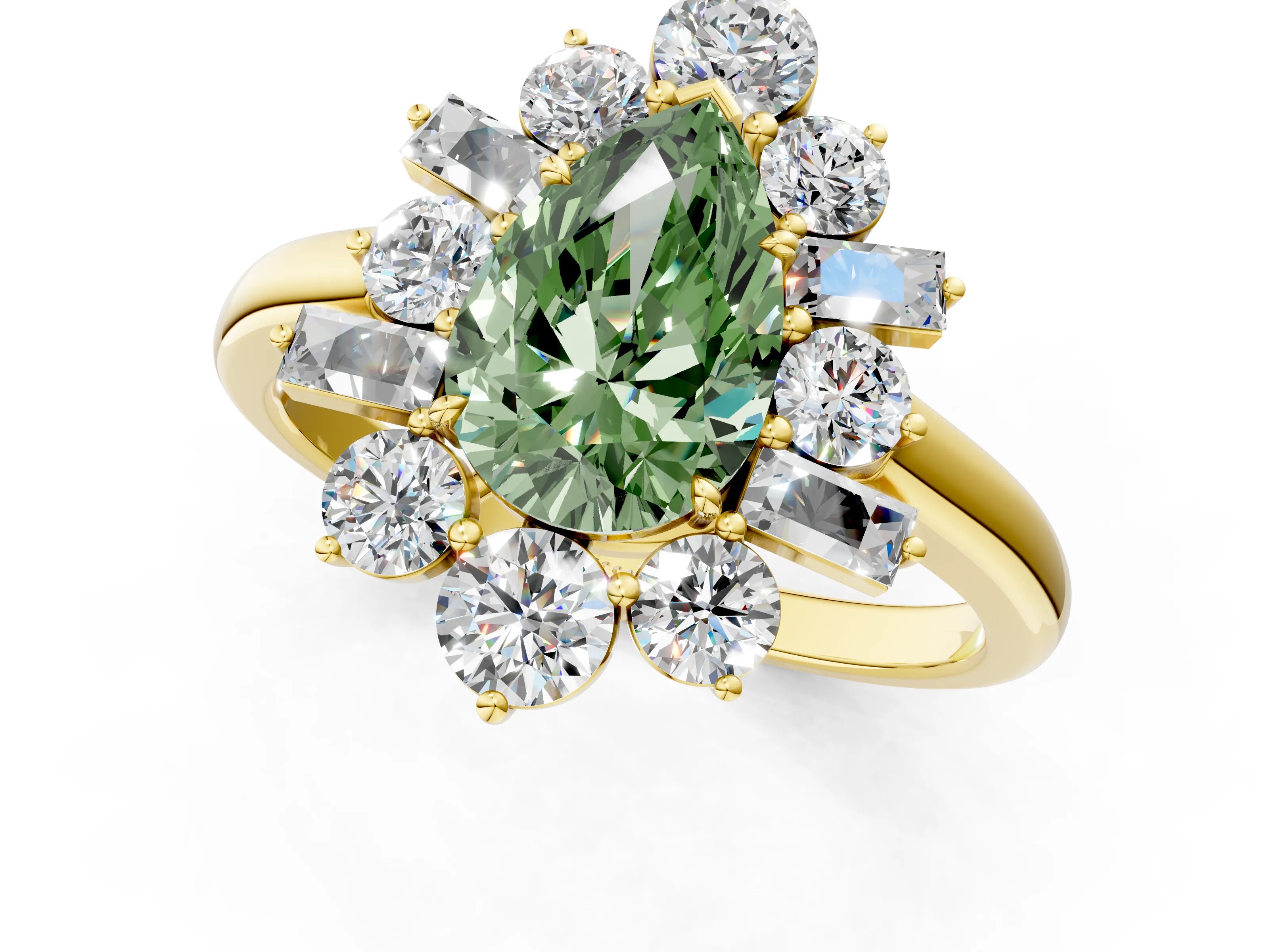 Yellow gold Fancy Green Pear Cut Diamond Cluster Ring with Round and Baguette Stones, Split Shank Band, Prong Setting_1