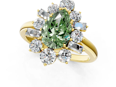 Yellow gold Fancy Green Pear Cut Diamond Cluster Ring with Round and Baguette Stones, Split Shank Band, Prong Setting_1