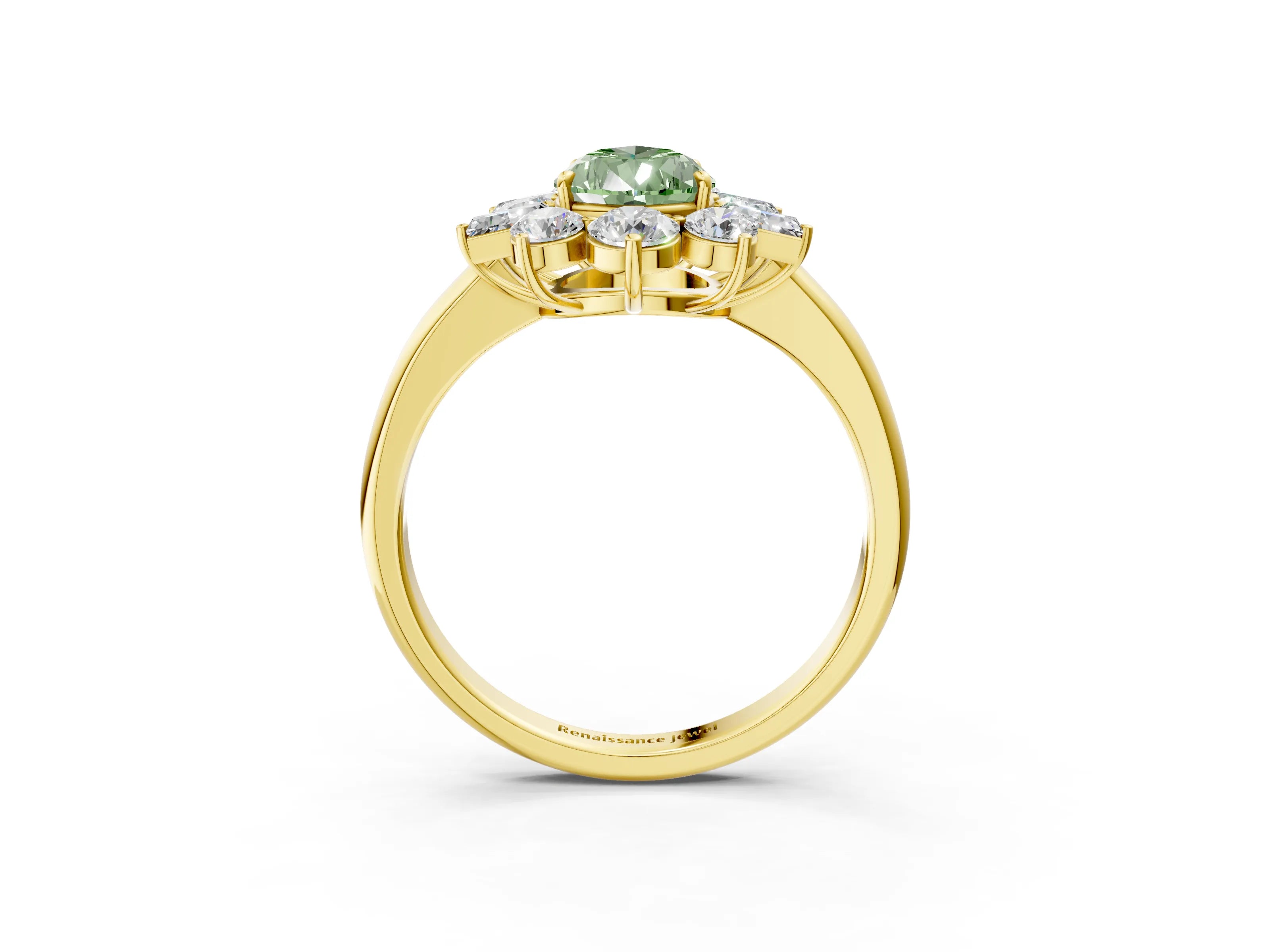 Yellow gold Fancy Green Pear Cut Diamond Cluster Ring with Round and Baguette Stones, Split Shank Band, Prong Setting_3